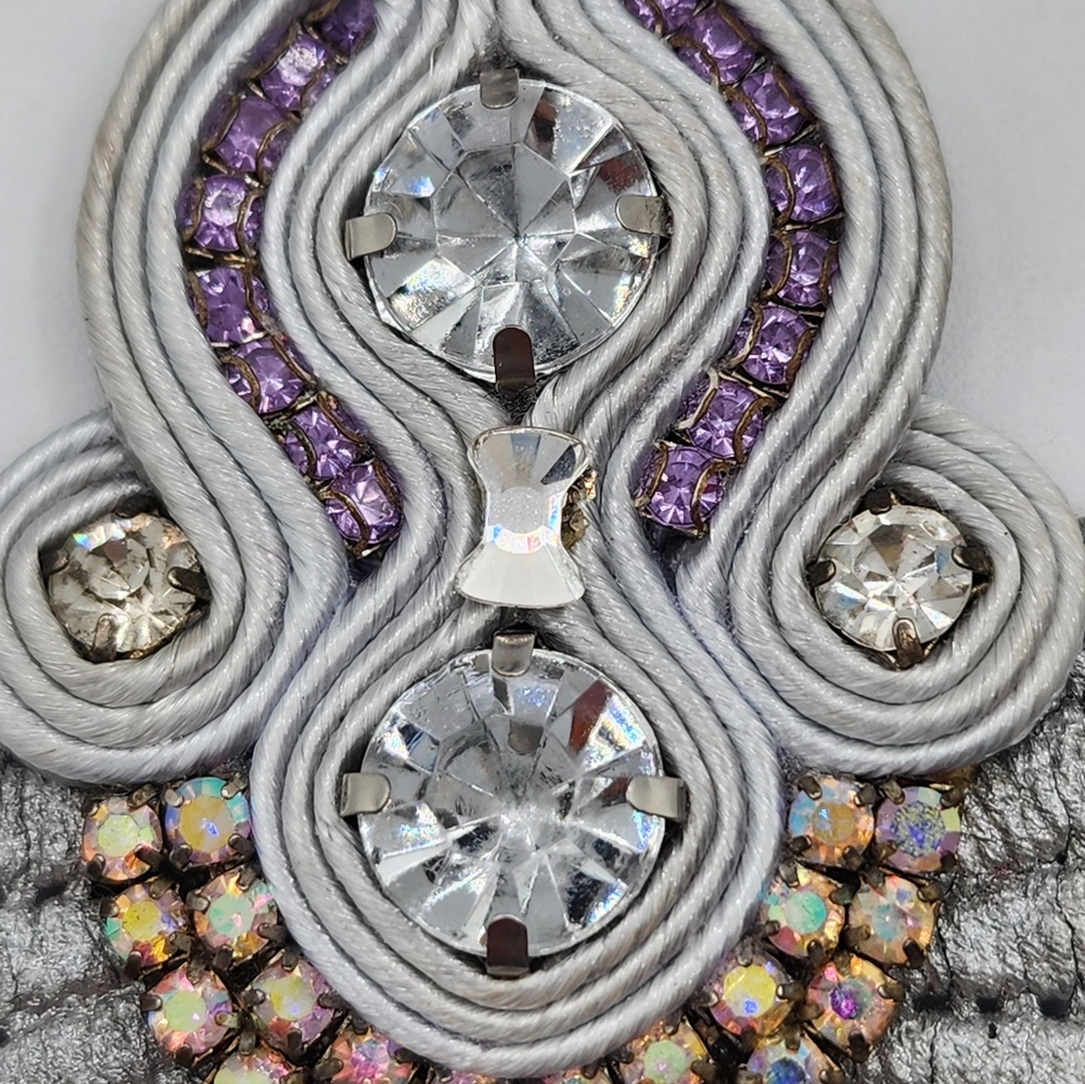 Silver Lace With Purple And AB Rhinestone Statement Earrings - Picture 5 of 11